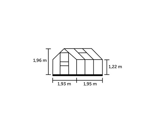 Abbildung der Abmessungen eines Gewächshauses mit einer Höhe von 1,96 Metern, einer Breite von 1,93 Metern und einer Tiefe von 1,95 Metern.