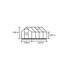 Technische Zeichnung eines Gewächshauses mit den Maßen 1,96 Meter Höhe, 1,93 Meter Breite vorne, 2,57 Meter Breite seitlich und 1,22 Meter Höhe seitlich.