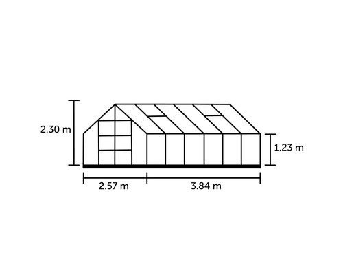 Abbildung eines Gewächshauses mit Maßangaben: 2,30 m hoch, 2,57 m und 3,84 m breit, 1,23 m Seitenhöhe.