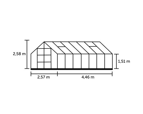Skizze eines Gewächshauses mit Maßangaben zu Höhe und Breite