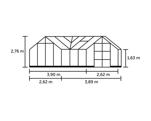 Technische Zeichnung eines Gewächshauses mit Maßangaben