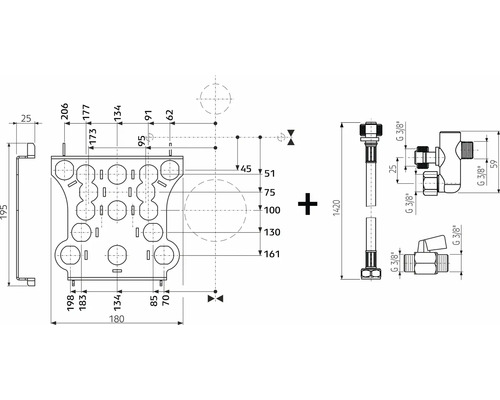 Maßzeichnung für Installationsbox mit Zubehör