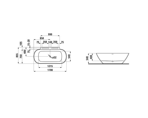 Technische Zeichnung einer Badewanne mit Maßangaben
