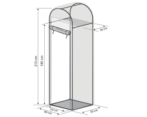 Abbildung eines Kleiderschranks mit den Maßen 215 cm Höhe, 60 cm Breite und 50 cm Tiefe.