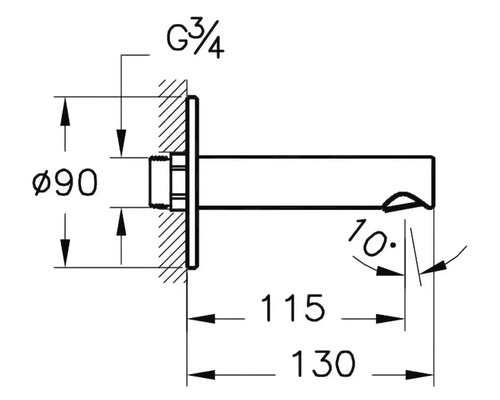 Technische Zeichnung eines Wandauslaufs mit Maßangaben