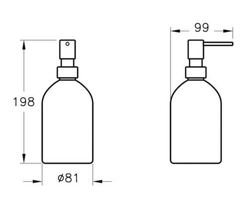 Technische Zeichnung eines Seifenspenders mit Maßangaben