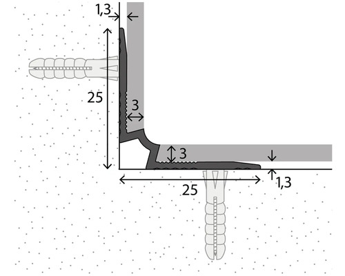 Technische Zeichnung eines Eckprofils mit Maßangaben.