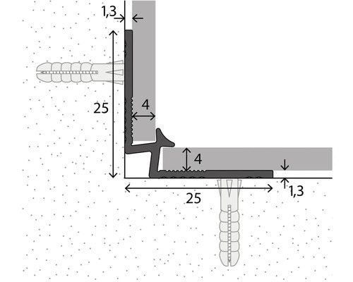 Illustration eines Abschlussprofils mit Maßangaben und Befestigungsmaterial