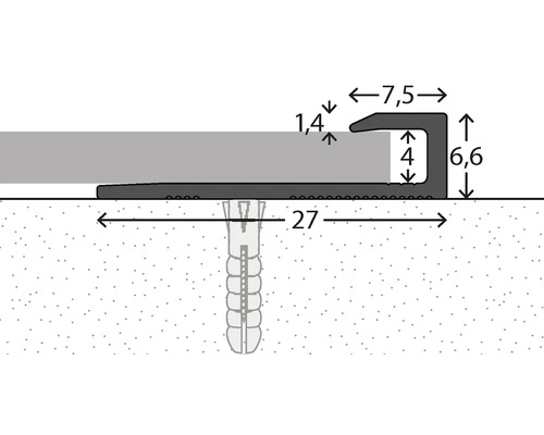 Illustration eines Übergangsprofils mit Maßangaben für Bodenbeläge