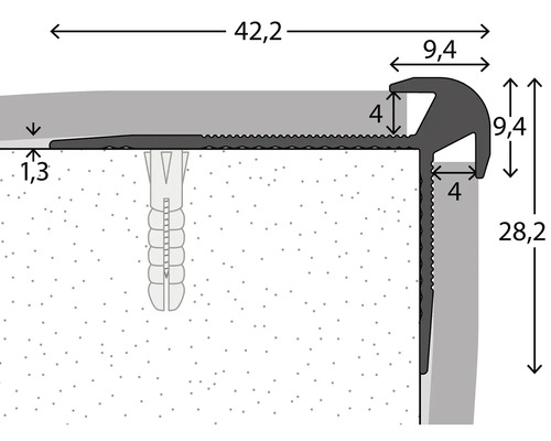 Technische Zeichnung eines Treppenkantenprofils mit Maßangaben