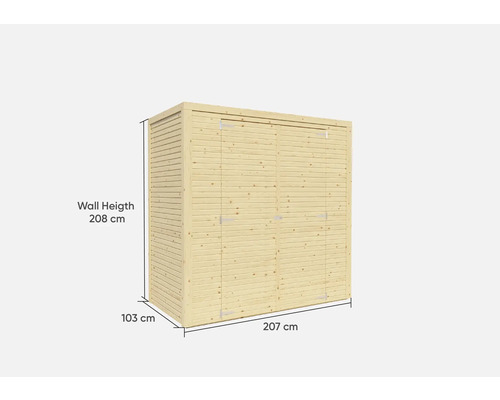 Geräteschrank aus Holz mit den Maßen 207 cm mal 103 cm und einer Wandhöhe von 208 cm