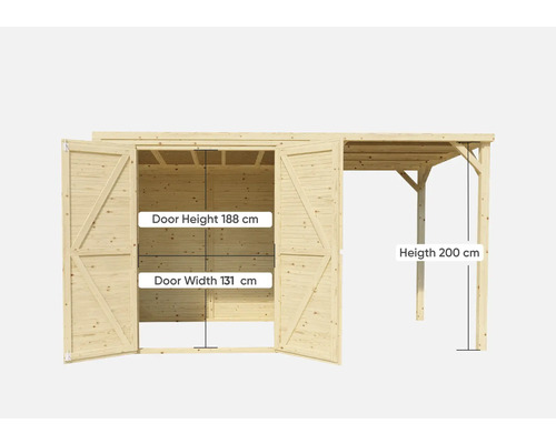 Gartenhaus aus Holz mit Doppeltür und Carport, Türhöhe 188 cm, Türbreite 131 cm, Höhe Carport 200 cm