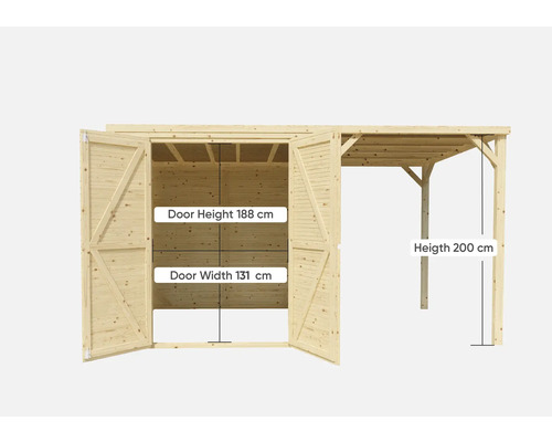 Holzgartenhaus mit offenen Doppeltüren, Türhöhe 188 cm, Türbreite 131 cm, Höhe 200 cm