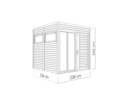 Technische Zeichnung eines Gartenhauses mit Fenster, Doppeltür und den Maßen 234 x 226 x 232 cm.