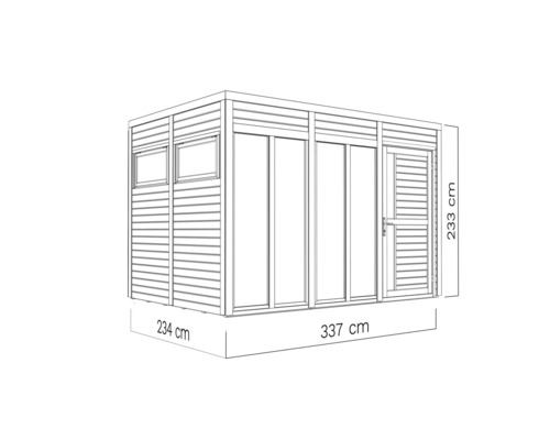 Illustration eines Gartenhauses mit Tür, Fenstern und den Maßen 233 cm Höhe, 234 cm Tiefe und 337 cm Breite.