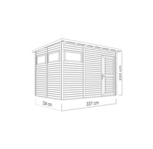 Illustration eines Gartenhauses mit den Maßen 234 mal 337 mal 233 Zentimeter.