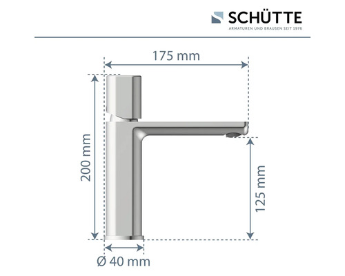 Schütte Armaturenmaßzeichnung, Höhe 200 mm, Ausladung 175 mm, Durchmesser 40 mm