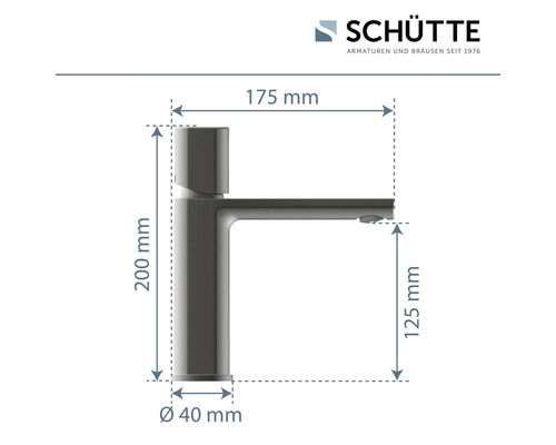 Schütte Armatur Maßzeichnung mit den Maßen 200 mm Höhe, 175 mm Ausladung, 125 mm Höhe Auslauf und 40 mm Durchmesser