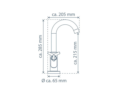 Zeichnung einer Küchenarmatur mit Maßangaben
