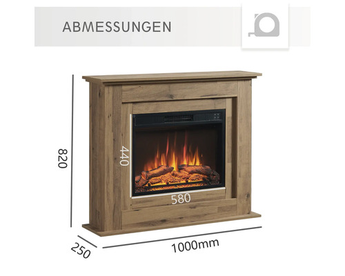 Abmessungen eines elektrischen Kamins in Holzoptik mit simuliertem Feuer