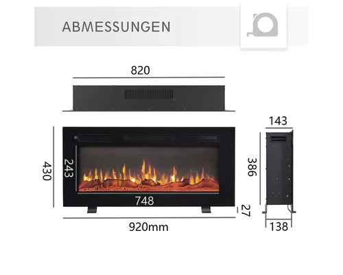 Abmessungen eines Elektrokamins mit verschiedenen Größenangaben