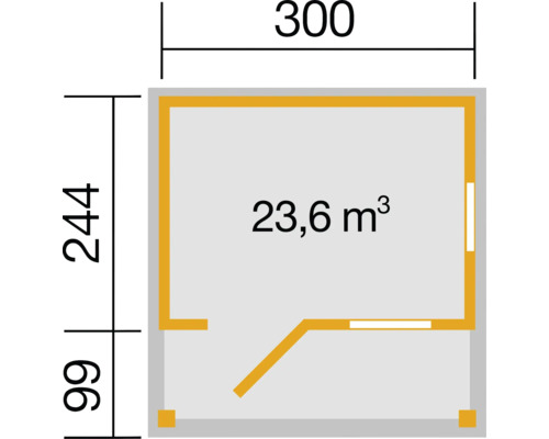Grundriss mit den Maßen 300 mal 244 und einer Raumfläche von 23,6 Kubikmeter