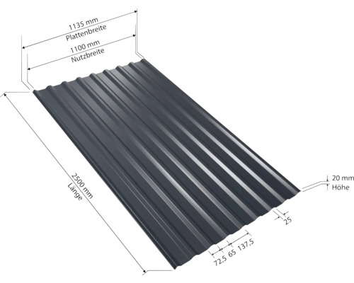 Profilblech mit den Maßen 2500 Millimeter Länge und 1135 Millimeter Plattenbreite