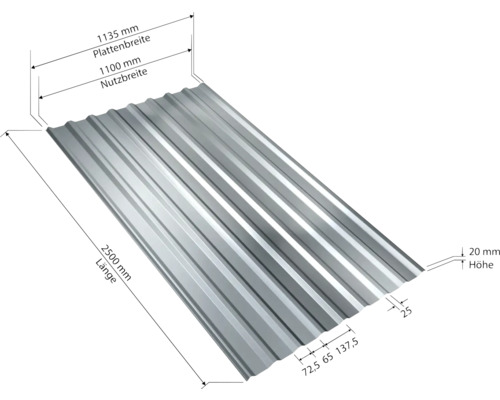 Trapezblech mit den Maßen 2500 mm Länge, 1135 mm Plattenbreite und 1100 mm Nutzbreite