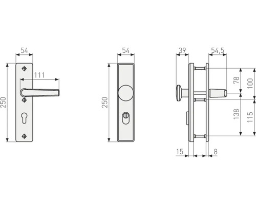 Technische Zeichnung eines Türdrückers mit Langschild und Maßen