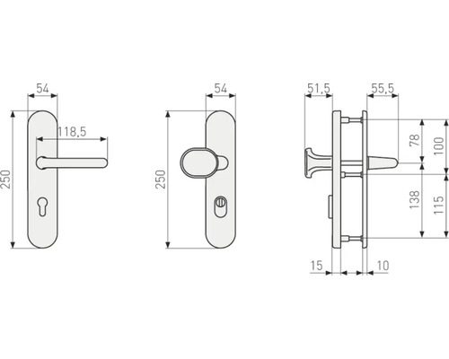 Technische Zeichnung eines Türbeschlags mit Maßangaben