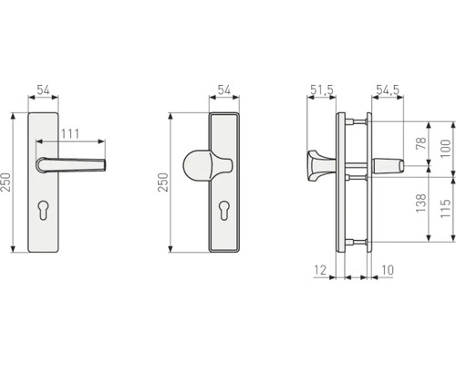 Technische Zeichnung eines Türdrückers mit Maßen