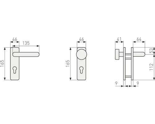 Technische Zeichnung eines Türdrückers mit Maßangaben
