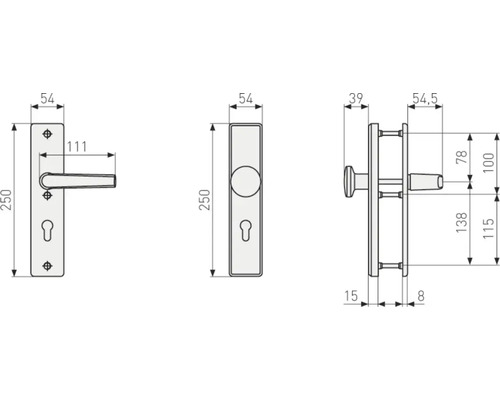 Technische Zeichnung eines Türdrückersets mit Maßen