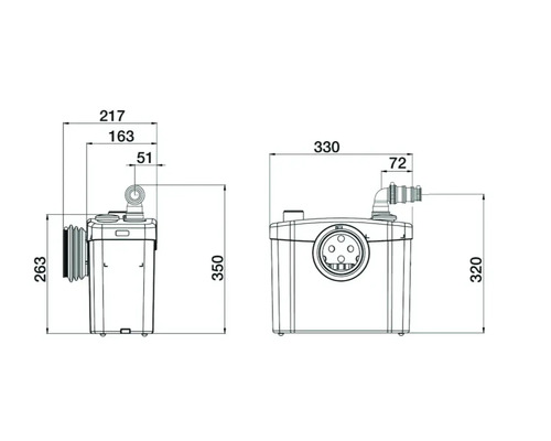 Technische Zeichnung einer Abwasserhebeanlage mit Maßangaben