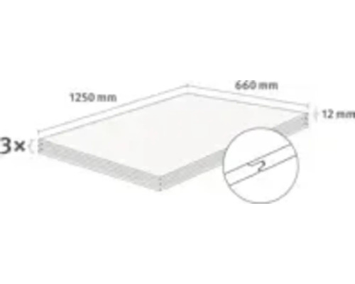 Drei Holzplatten mit den Maßen 1250 mm x 660 mm x 12 mm