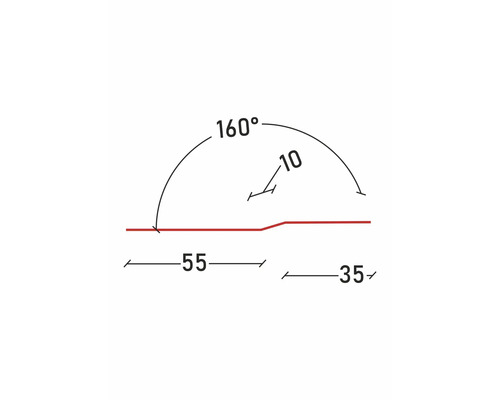 Technische Zeichnung mit Maßangaben: 160 Grad Winkel, 10 Millimeter Höhe, 55 Millimeter und 35 Millimeter Länge.