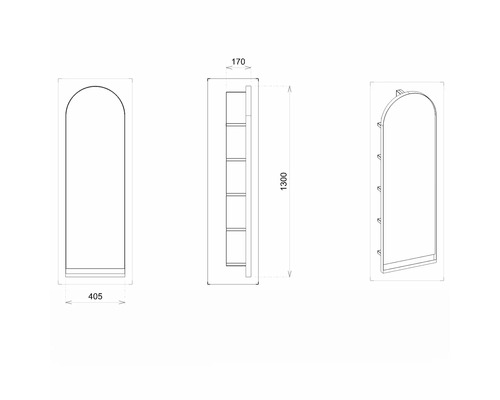 Technische Zeichnung eines Badschranks mit den Maßen 405, 170 und 1300 Millimeter.