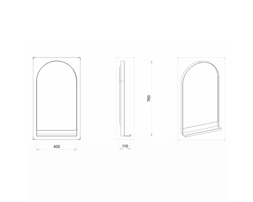 Technische Zeichnung eines Spiegels mit Ablage und Abmessungen