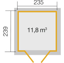 Grundriss mit Maßen 235 x 239 cm und Volumen 11,8 Kubikmeter