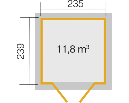 Grundriss mit Maßen 235 x 239 cm und Volumen 11,8 Kubikmeter