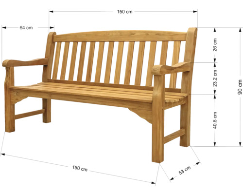 Abbildung einer Gartenbank aus Holz mit Maßangaben
