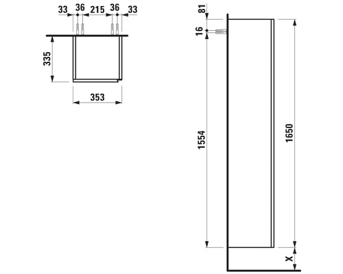 Technische Zeichnung eines Badezimmerschranks mit Maßangaben