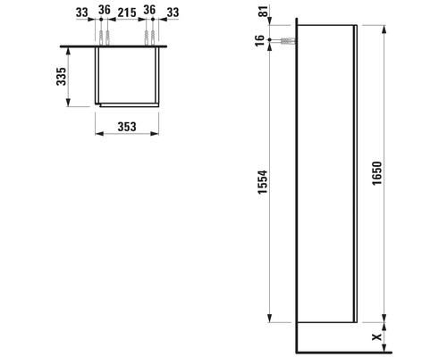 Technische Zeichnung eines Badezimmerschranks mit Maßangaben