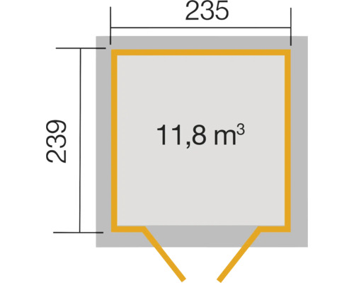 Grundriss mit den Maßen 235 mal 239 Zentimeter und einem Volumen von 11,8 Kubikmetern