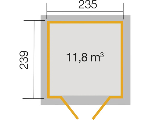 Grundrisszeichnung mit den Maßen 235 mal 239 Zentimeter und einem Volumen von 11,8 Kubikmetern