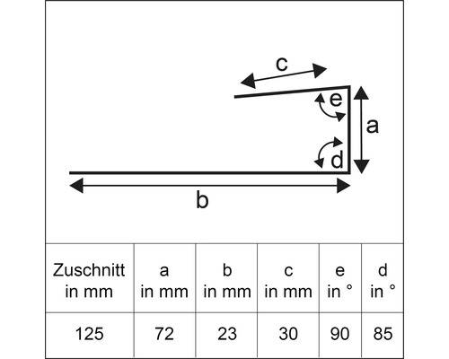 Abmessungsskizze mit Tabelle