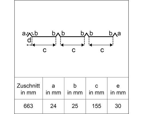 Skizze mit Abmessungen für ein Produkt, das die Variablen a, b, c, d und e enthält.