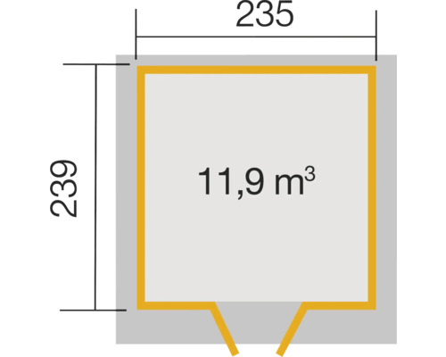 Illustration der Abmessungen: 235 mal 239 mit 11,9 Kubikmeter