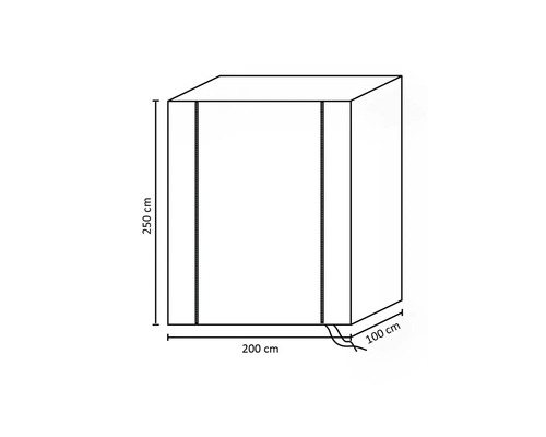 Abdeckung mit Maßangaben 250 cm Höhe, 200 cm Breite und 100 cm Tiefe