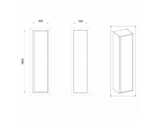 Technische Zeichnung eines Badezimmerschranks mit den Maßen 400 x 350 x 1600 mm.